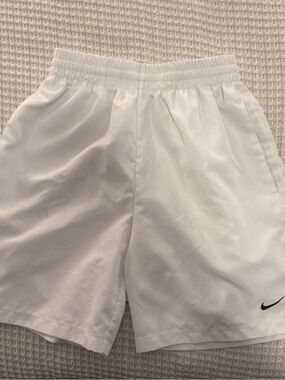 Nike Youth White Athletic Shorts with Black Swoosh